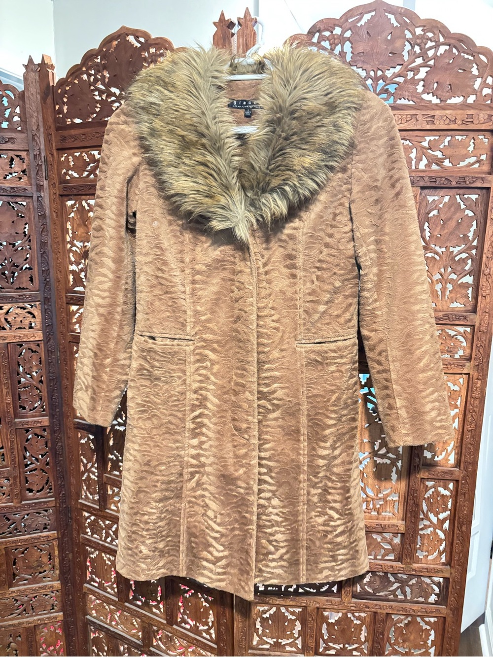 Giacca Stylish Faux Fur-Trim Camel Women's 3/4 length Coat removable collar sexy